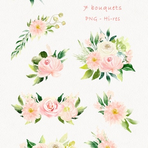 May include: Seven watercolor floral bouquets in shades of pink and white with green leaves. The bouquets are arranged in a row and are labeled "Swan 7 bouquets PNG - Hi-res".