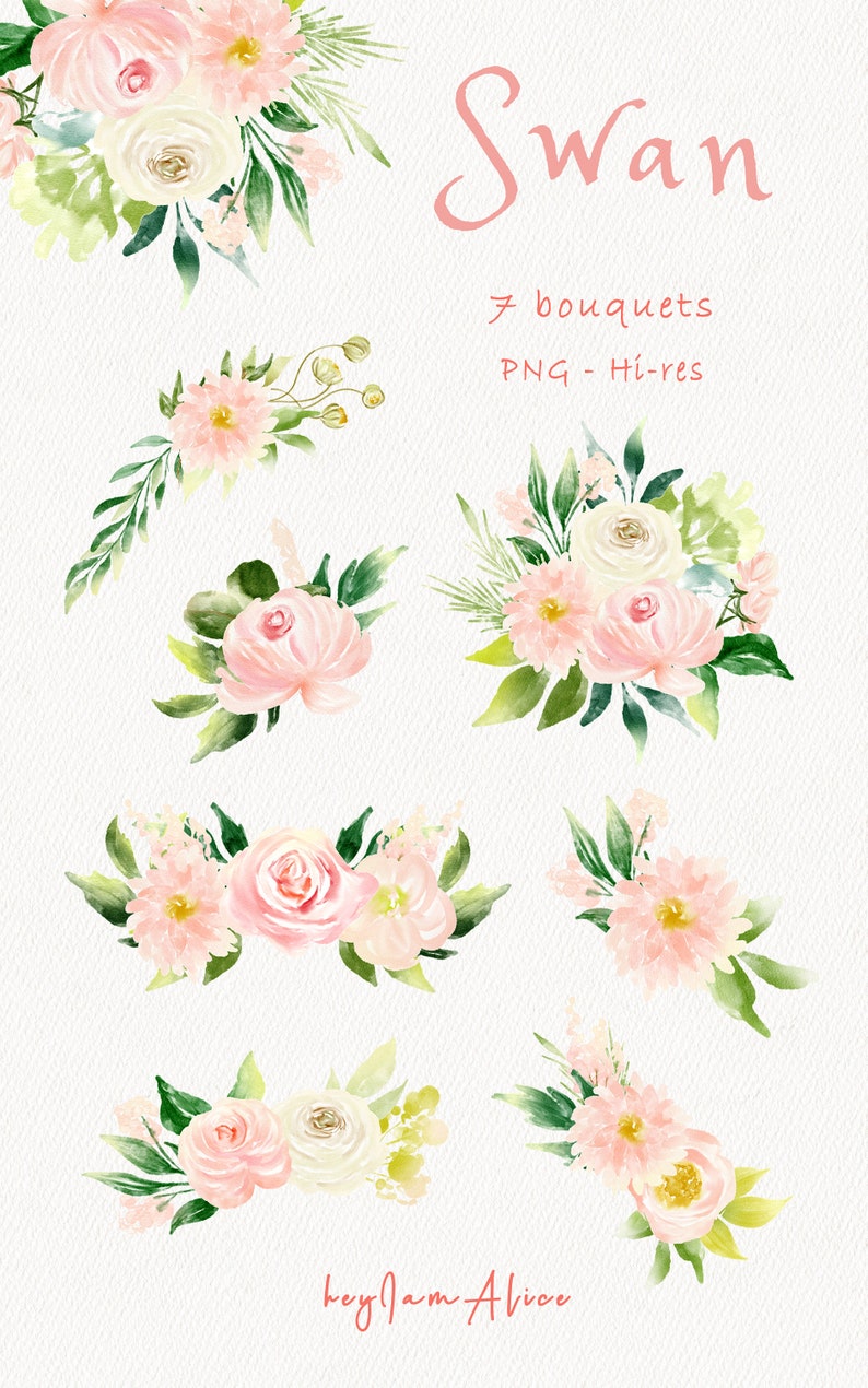May include: Seven watercolor floral bouquets in shades of pink and white with green leaves. The bouquets are arranged in a row and are labeled "Swan 7 bouquets PNG - Hi-res".