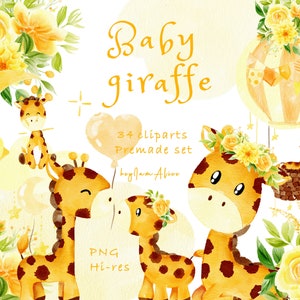 Clipart giraffa per bambini, giraffa gialla dell'acquerello PNG, uso COMMERCIALE GRATUITO, clipart animali della giungla safari, arte della scuola materna, clipart per bambini png
