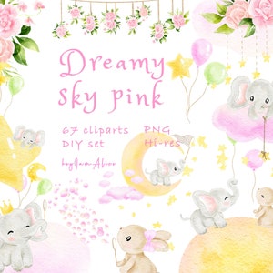 Baby Elefant Clipart, Baby Hase Aquarell Clipart, kleines Tier PNG, Baby Kinderzimmer Kunst, Stern Mond Ballon Grafik, rosa Neugeborenes Baby PNG