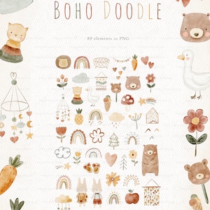 Boho Baby Watercolor Clipart, Nursery Animal Clipart, Newborn Boho Kid ...