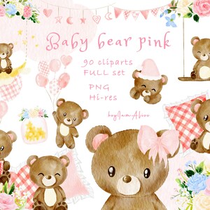 Clipart orsetto bambino, orsacchiotto rosa acquerello PNG, uso COMMERCIALE GRATUITO, clipart animali del bosco per bambini, arte della scuola materna, clipart bambina png