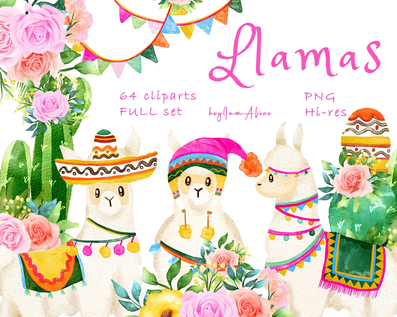 Llama Watercolor Clipart, Alpaca Clipart, FREE COMMERCIAL Use, Cactus ...