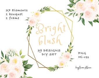 Bright Blush floral wedding clipart, watercolor clipart, greenery clipart, FREE COMMERCIAL use, wedding greenery frame, rose bouquet PNG