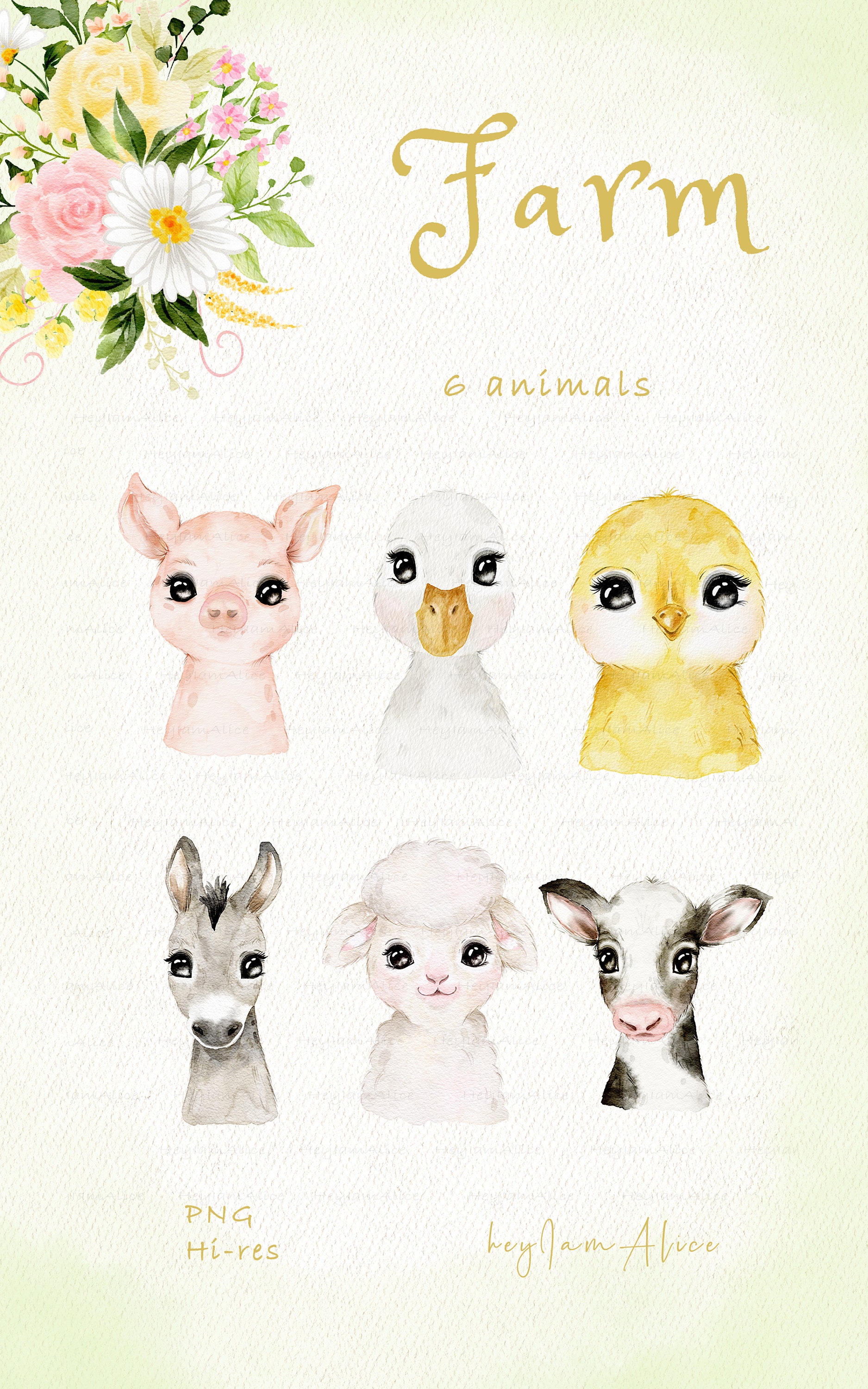 Farm Animal Watercolor Clipart, Farm Baby Nursery, Farm Animal Portrait ...