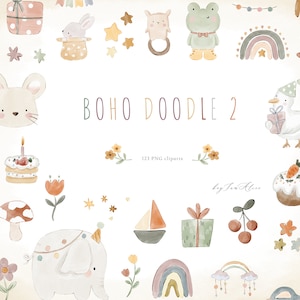 Boho Baby Aquarell Clipart, Kinderzimmer Tier Clipart, Neugeborenes Boho Kind Doodle, Boho Baby Shower PNG, Mondkind Grafik, Sublimationsdesign