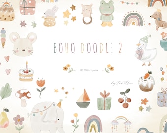 Boho baby watercolor clipart, nursery animal clipart, newborn boho kid doodle, boho baby shower PNG, moon child graphic, sublimation design