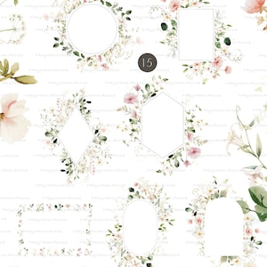 May include: A set of 15 floral frames with a white background. The frames are made of delicate watercolor flowers and greenery. The text "Spring Garden frames" is at the top of the image.