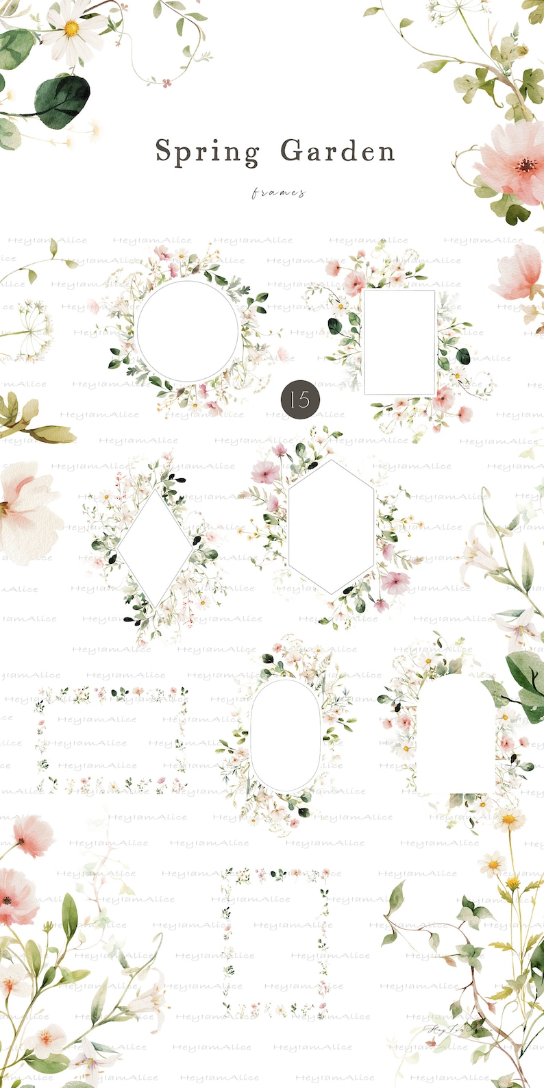 May include: A set of 15 floral frames with a white background. The frames are made of delicate watercolor flowers and greenery. The text "Spring Garden frames" is at the top of the image.