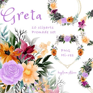 Lila Aquarell Blumen Clipart, violette Blumen Clipart, schwarze Rose, orange Aquarell Blumen, grün Clipart, Hochzeit Clipart, schwarzer Rahmen