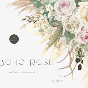 Clipart d'herbe de pampa de palmier séché, aquarelle de fleur Boho rustique, graphique rose élégant, faire-part de mariage, fichier png, sublimation imprimable
