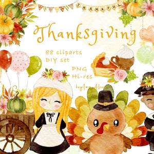 Clipart aquarelle de Thanksgiving PNG, graphique de dinde de vacances, corne d'abondance, clipart de tarte aux pommes, clipart d'automne, récolte d'automne, bébé numérique PNG