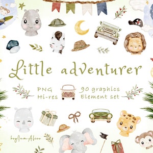 Clipart animal aquarelle jungle, pépinière jungle, shower de bébé avion voiture, safari animal graphique PNG, bébé éléphant, bébé lion, bébé girafe