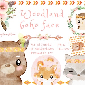 Puede incluir: Un conjunto de 43 imágenes de clipart de acuarela que representan animales del bosque con diademas de estilo boho. El conjunto incluye un oso, un zorro, un mapache, un búho, una ardilla y un conejo. Las imágenes están en formato PNG y son de alta resolución.