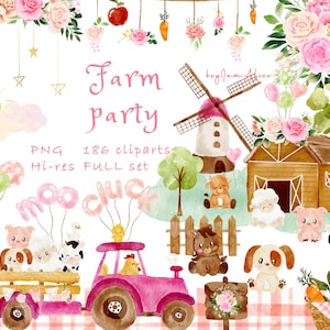 Bauernhof Tier Aquarell Clipart, Bauernhof Baby Kinderzimmer, niedliche Bauernhof Grafik, Kinderzimmer Kunst, Baby Tier PNG, Aquarell Land Clipart, Schwein, Kuh PNG