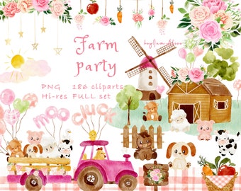 Farm animal watercolor clipart, farm baby nursery, cute farm graphic, nursery art, baby animal PNG, watercolor country clipart, pig, cow PNG