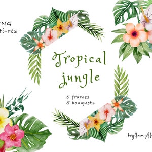 Tropical jungle flower watercolor clipart, free commercial use, tropical palm leave, commercial use graphic, summer clipart, png digital