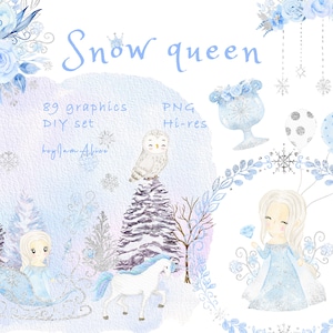 Reina de la nieve acuarela clipart, gráfico de cuento de hadas, invierno nieve plata, princesa azul PNG, imágenes prediseñadas de guardería, gráficos para niños, copos de nieve