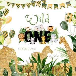 Clipart animal aquarelle jungle, WILD ONE png, pépinière jungle, baby shower jungle, safari animal graphique PNG, bébé éléphant, bébé lion png