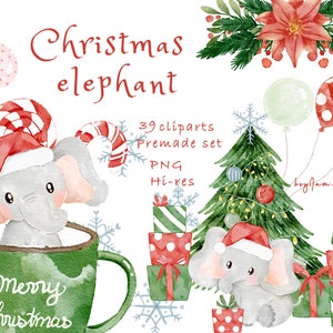 Baby Elefant Weihnachten Clipart PNG, Urlaub Aquarell Elefant PNG, Safari Dschungel Tier Clipart, xmas Elefant Sublimation Design PNG