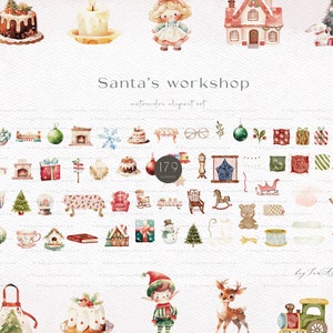 May include: A watercolor clipart set of 179 Christmas illustrations featuring Santa Claus, elves, reindeer, a gingerbread house, presents, and other festive elements. The set is perfect for creating holiday cards, invitations, and other crafts.