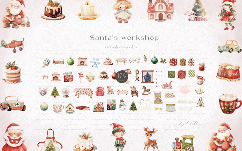 May include: A watercolor clipart set of 179 Christmas illustrations featuring Santa Claus, elves, reindeer, a gingerbread house, presents, and other festive elements. The set is perfect for creating holiday cards, invitations, and other crafts.