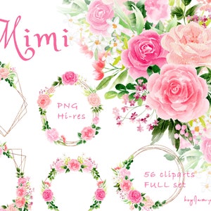 Roze ROSE bloem aquarel clipart, zacht roze bloemen PNG, gratis commercieel gebruik, bruiloft clipart, kinderkamer clipart, blozen bloemen gouden frame