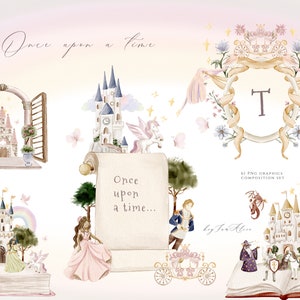 Prinzessin und Ritter Aquarell Clipart, Märchen Grafik, Drachen digitale Clipart, Sublimation PNG, Kinderzimmer Clipart, Grafik für Kind PNG