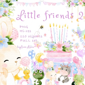 Kleines Tier Aquarell Clipart, Baby Tier Grafik, Kinderzimmer PNG, Kinderkunst, kleine Freunde, Baby Elefant, kleiner Hase, Baby Teddybär