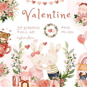 Clipart aquarela dos namorados PNG, gráfico de casal de animais PNG, clipart romântico de amor, design de sublimação PNG, dia dos namorados, clipart de coelho
