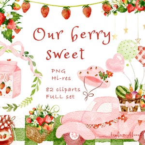Aquarell Erdbeere Clipart, Bauernmarkt png, Kinderzimmer Clipart, Baby Mädchen Grafiken, Geburtstag digitale Grafik, Kind Illustration PNG