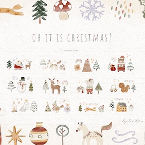 May include: A set of 17 watercolor illustrations featuring a variety of Christmas themes, including a snowman, a reindeer, a house, a bird, a bear, a tree, a star, a mushroom, a snowflake, a fox, a unicorn, a squirrel, a gift, a candle, a lamp, and a Christmas ornament. The illustrations are in a whimsical style and are perfect for adding a touch of holiday cheer to any project.