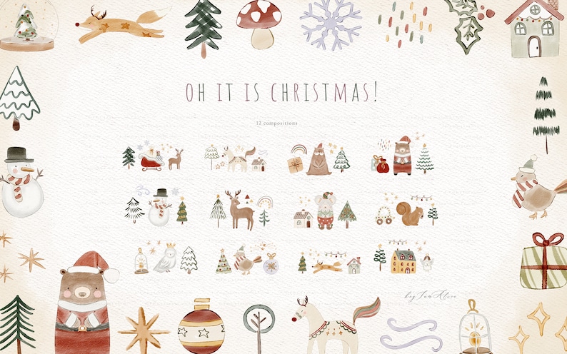 May include: A set of 17 watercolor illustrations featuring a variety of Christmas themes, including a snowman, a reindeer, a house, a bird, a bear, a tree, a star, a mushroom, a snowflake, a fox, a unicorn, a squirrel, a gift, a candle, a lamp, and a Christmas ornament. The illustrations are in a whimsical style and are perfect for adding a touch of holiday cheer to any project.