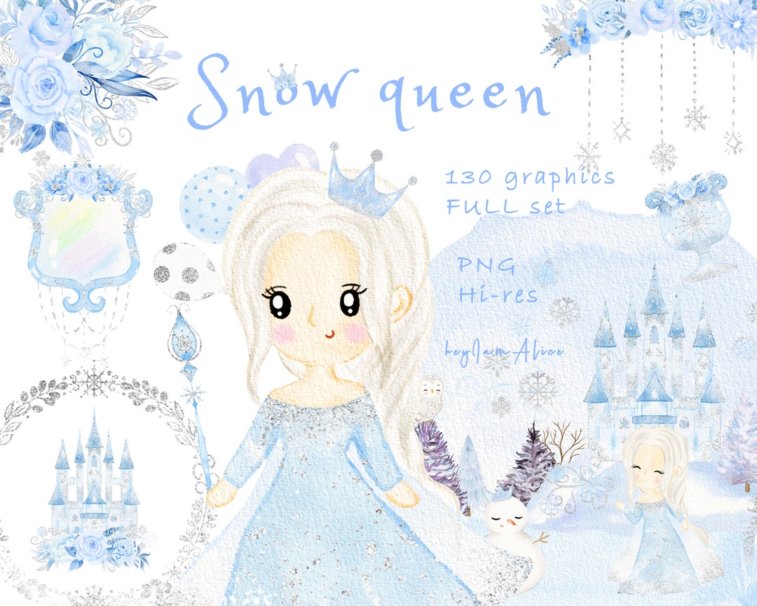 Snow Princess Blue Snow Queen Watercolour Clipart, Fairy Tale Graphic, Winter Snow Silver ...