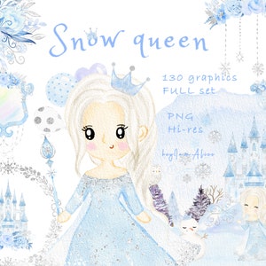 Snow queen watercolour clipart, fairy tale graphic, winter snow silver, blue princess PNG, nursery clipart, graphics for kid, snow flake
