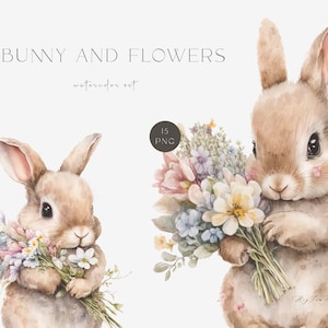 Baby Hase Clipart, rosa Aquarell Hase, Sublimation png, Waldtier Clipart, Kinderzimmer Kunst, Hase hält Blumen png, Osterhase
