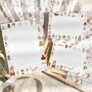 May include: Three white sheets of paper with a Christmas theme border. The border features illustrations of a snowman, a house, a Christmas tree, a reindeer, a gift, a stocking, and other winter holiday symbols. The paper is lined for writing.