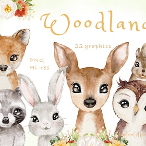 Waldtier Aquarell Clipart, kleines Tier Clipart, Babys Porträt Jungtier Blume, Kinderzimmer Kunst, Kind niedlich PNG, Hase, Reh, Fuchs, Bär PNG