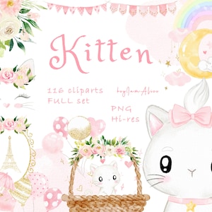 Bébé chat aquarelle clipart, chaton graphique PNG, chat mignon, petite princesse clipart, clipart pépinière, baby shower graphique, enfant bébé minou PNG