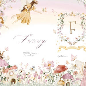 Feengarten Aquarell Clipart, Märchen Grafik, Kinderzimmer Clipart, magische Fee, es war einmal Clipart, Baby PNG
