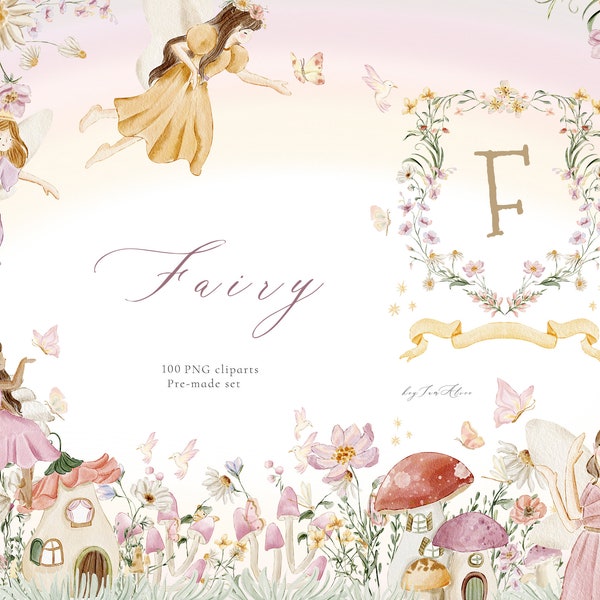 Fairy garden watercolor clipart, enchanted forest, fairy tale graphics, nursery clipart, magical fairy, once upon a time clipart, baby PNG