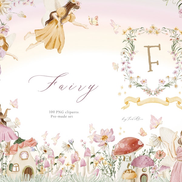Feengarten Aquarell Clipart, Märchen Grafik, Kinderzimmer Clipart, magische Fee, es war einmal Clipart, Baby PNG