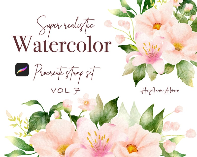 100 Realistic Watercolor Stamp, FREE COMMERCIAL USE, Floral Procreate Stamp, Procreate brush, bouquet creator, clipart creator image 1