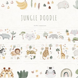 May include: A set of 20 watercolor illustrations featuring jungle animals, plants, and patterns. The illustrations include a lion, zebra, giraffe, elephant, rhino, tiger, toucan, and more. The illustrations are in a whimsical style and are perfect for adding a touch of nature to your projects.