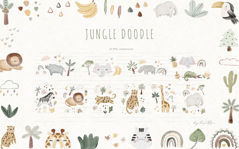 May include: A set of 20 watercolor illustrations featuring jungle animals, plants, and patterns. The illustrations include a lion, zebra, giraffe, elephant, rhino, tiger, toucan, and more. The illustrations are in a whimsical style and are perfect for adding a touch of nature to your projects.
