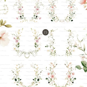 May include: A set of 15 watercolor floral frames featuring delicate white and pink flowers, green leaves, and vines. The frames are perfect for adding a touch of spring to your designs.