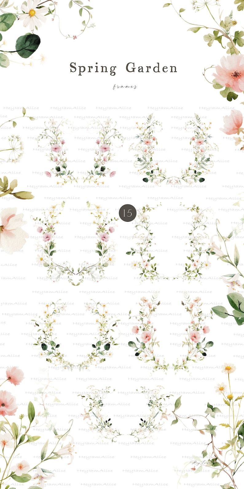 May include: A set of 15 watercolor floral frames featuring delicate white and pink flowers, green leaves, and vines. The frames are perfect for adding a touch of spring to your designs.