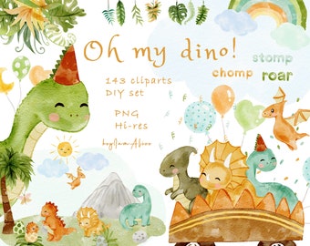 Baby Dinosaurs Watercolour Clipart, Cute Dinosaurs, Dino Decor, Dinosaur birthday Invitation, baby Dinosaur PNG, T rex, tyrannosaurus PNG