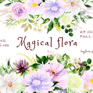 Lila Aquarell Blumen Clipart, lila Blumen Clipart, kostenlose kommerzielle Nutzung, magische Aquarell Blumen, grün Clipart, Hochzeit Clipart