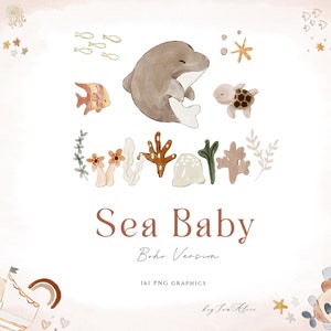 Sea baby clipart, watercolor ocean graphic, boho nursery clipart, nautical baby kid PNG, octopus, starfish, turtle, whale PNG, sublimation